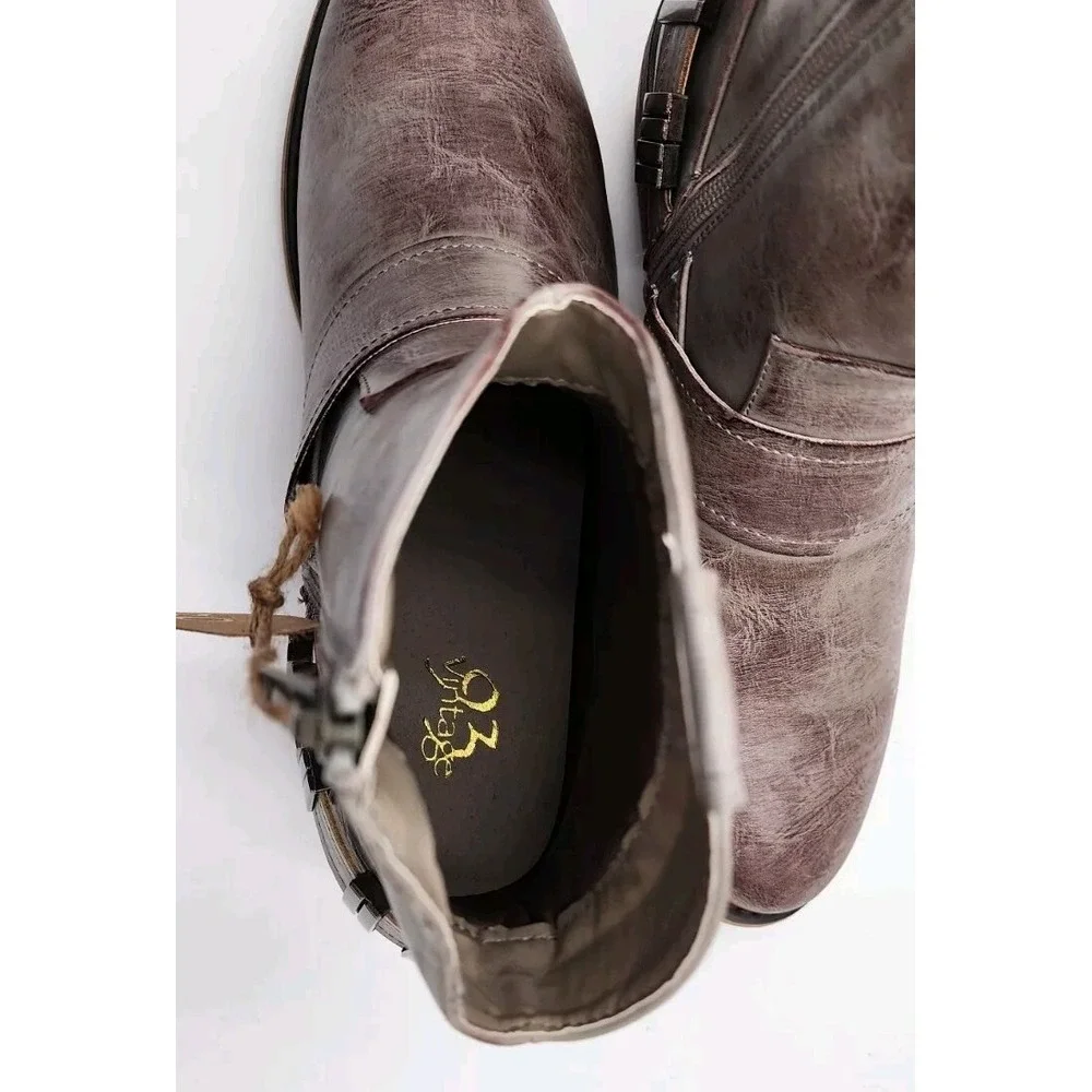 Vintage 93 Bentley B Ankle‎ Boots Buckle Jeans 7M Womens Taupe Side Zip NWT